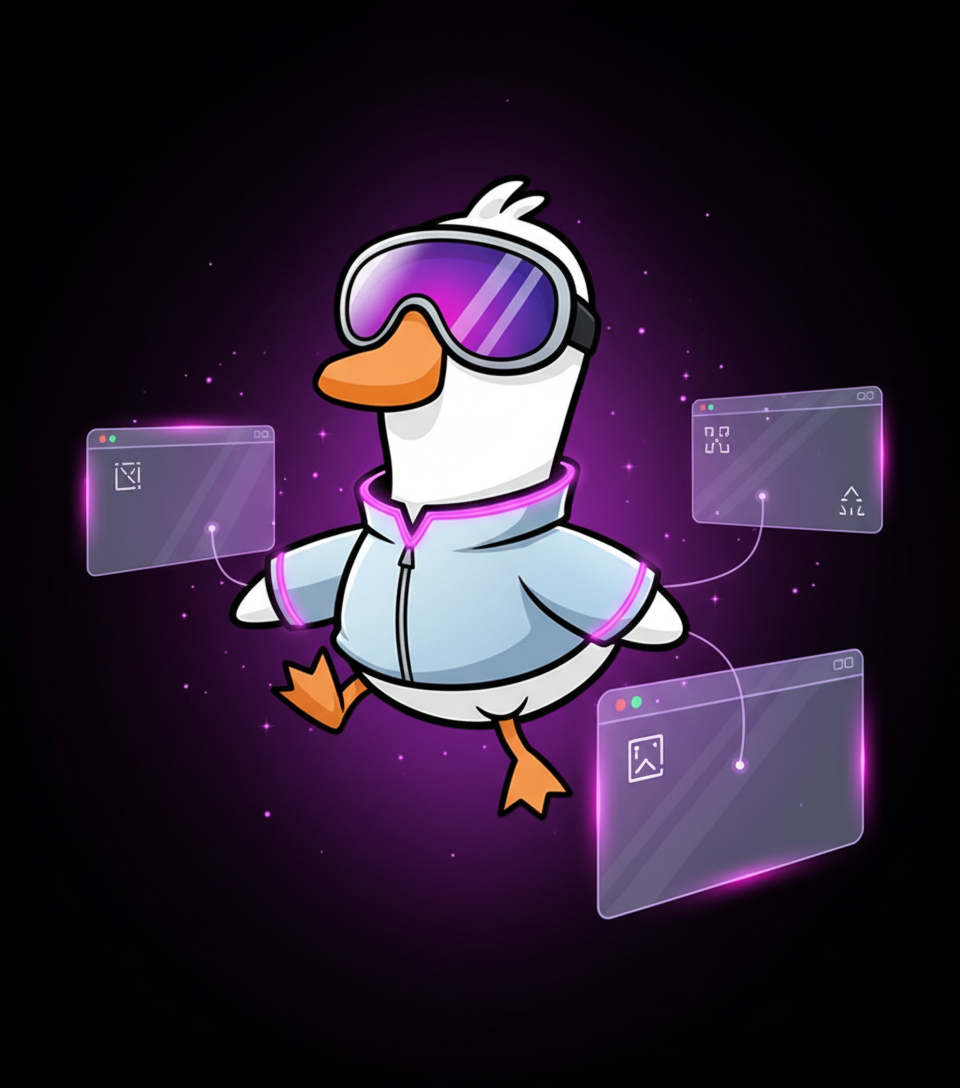 Floating browser windows and a glowing goose silhouette representing the xgoose agent